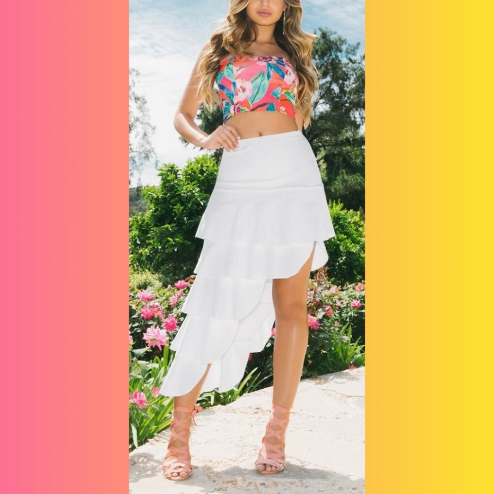Summer White Tiered Split Maxi Skirt